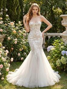 YOUKEFEIER [2025 New] Strapless Mermaid Wedding Dress, Sheer Mesh, Waist-Cinching Silhouette, Trailing Design, Bridal Gown/Reception Dress, Suitable For Wedding Ceremony & Evening Banquet - Beige - View 4