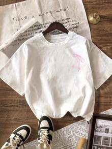 [Easter Cotton T-Shirt]Tweed Girl One-Piece Girl Jesus Bow Whale Print Pullover Crew Neck T-Shirt, Spring/Summer/Autumn Student Young Children's Short-Sleeve Top - Perfect For Playing And Casual Outings. A Fun And Colorful T-Shirt That Inspires Every Child's Imagination. Suitable For Sporty Girls' Everyday Wear, Street Style, And School Uniforms. - 白色 - 查看 2