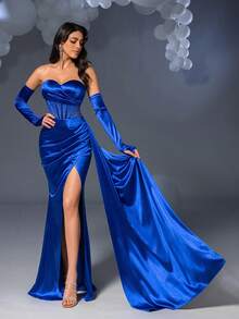 Faeriesty 优雅皇家蓝无肩带女士长款派对礼服 | 可拆卸袖子，钻石装饰，腰部缝线细节，不对称垂褶侧边，缎面高开衩鱼尾裙，修身剪裁，适合新年、情人节、正式派对、盛大晚宴和庆祝活动 - 寶藍色 - 查看 7
