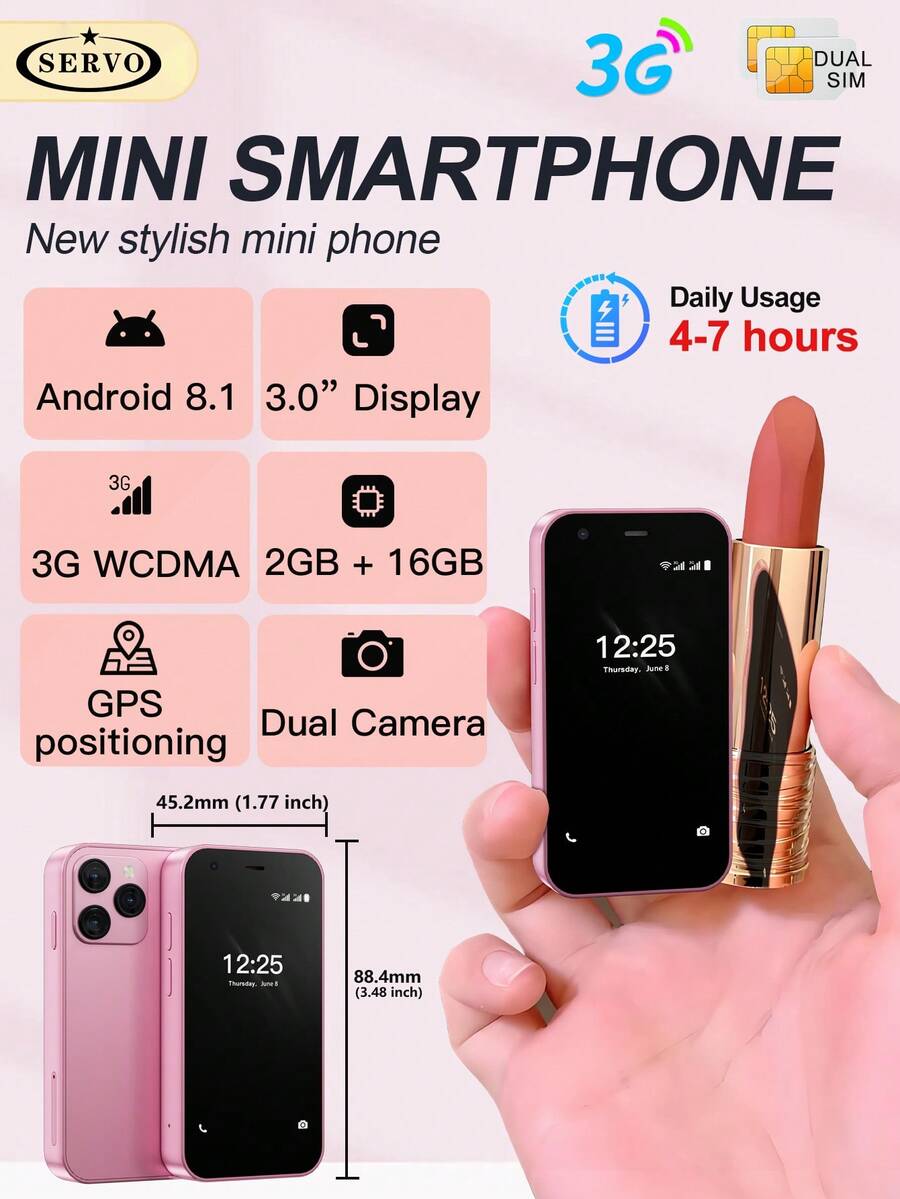 SERVO Mini Smartphone Android 8.1 System 3.0-Inch HD Display Dual SIM Dual Standby 3G WCDMA Cellular WiFi And GPS Portable Smart Compact Phone