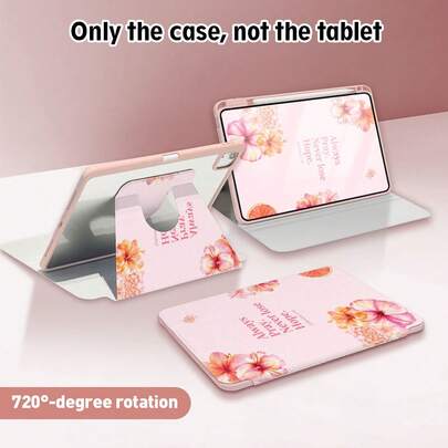 1件花卉圣经经文图案翻盖平板电脑保护套，带笔槽、720度旋转支架、PU皮革材质，具备自动休眠/唤醒功能，兼容华为、荣耀、苹果等平板电脑品牌，适合返校季、情人节等场合。
