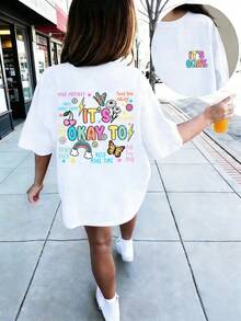 Camiseta de manga corta con estampado novedoso y cuello redondo para niñas preadolescentes, estilo informal de verano - Blanco - Ver 3
