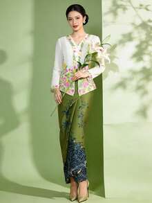 1pc Floral Print Elegant Nyonya Kebaya Skirt For Women, Green Skirt (Top Not Included), Spring/Summer - Dark Green - View 8