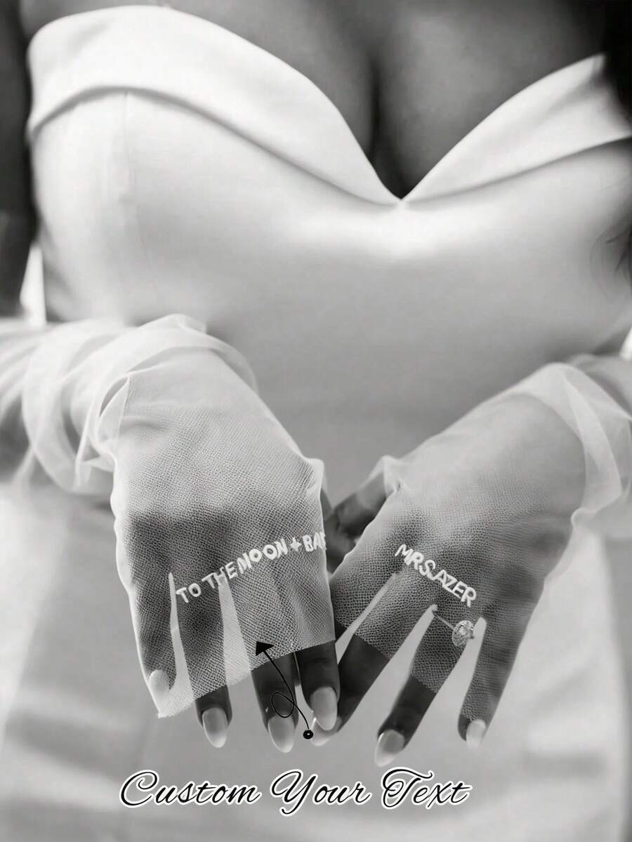 1 Pair Customized Wedding Bride Gloves, Personalized With Bride's Name And Date, Women's Long Mesh Gloves, Elegant Handmade Bridal Accessory, Suitable For Engagement, Anniversary, Gala, Ball, Wedding Ceremony, Opera, Masquerade, Birthday, New Year, Christmas And Other Occasions