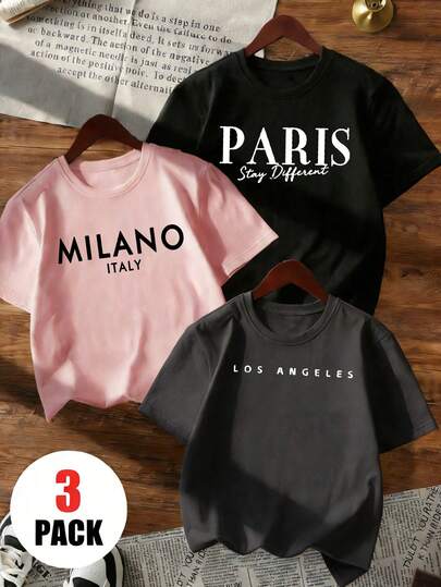 3pcs/Set Tween Girl Casual Printed Round Neck Short Sleeve T-Shirt, Summer Student Clothing - Colorful T-Shirts Bring Joy To Every Child! Tween Girl Graphic Tee Tops, Summer