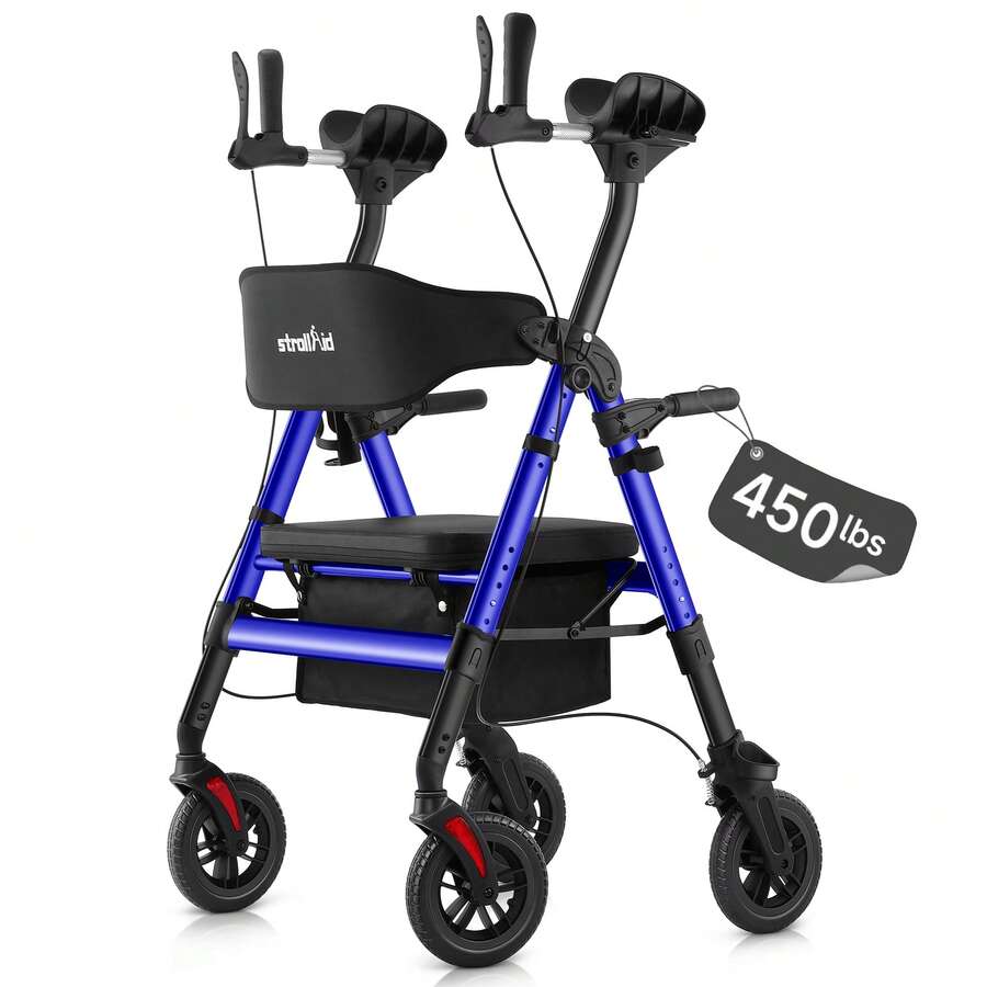 IsEasy Upright Walkers For Seniors, 450 Lb Heavy Duty Stand Up Rollator Walker With Adjustable Soft Sponge Armsupport & Seat, Tall Standing Folding Rolling Walker With 8'' Wheel, Blue