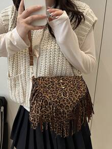 2026 Fringe Retro Leopard Print Crossbody Bag - Brown - View 8