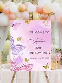 Cartel de bienvenida de cumpleaños personalizado - Texto y nombre personalizados, decoración elegante con flores rosas y mariposas, decoración de fiesta de cumpleaños de tono suave para interiores/exteriores - Decoración de cumpleaños - Multicolor - Ver 10