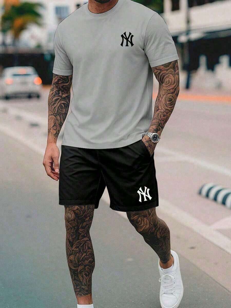 New York City NY 2-Piece Set - Men's 100% Cotton T-Shirt + Lightweight Comfortable Tactel Shorts - Men's Streetwear Fashion - New Arrival - Immediate Shipping - 灰色 - 查看 1