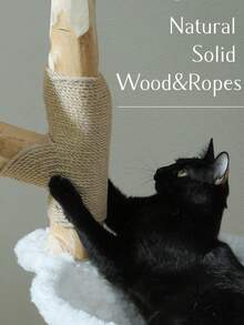 PAWZ Road 59" Modern Cat Tree Tower For Large Cats W/2 Flower Perches-Natural Solid Wood Scratching Post With Real Branch-Luxury Boho Cat Furniture W/Condo & Wicker Basket Bed, Cloud White - 白色 - 查看 9