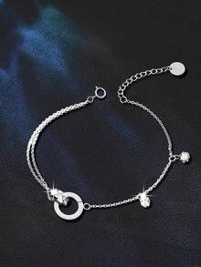 1 pieza Pulsera de doble anillo con números romanos de plata esterlina S925, pulsera delicada y elegante de mujer con incrustaciones de diamante de imitación, regalo único - geometría - Ver 7