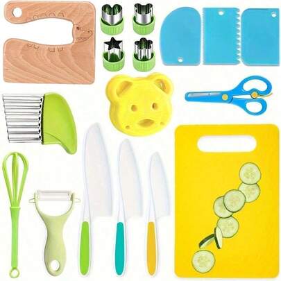17pcs Kitchen Knife Set, Essential Cooking Tools, Mini Chef Knife Set Including Plastic & Wooden Knives, Wavy Knife, Sandwich Cutter, Peeler, Cutting Board, Suitable For Birthday Gift