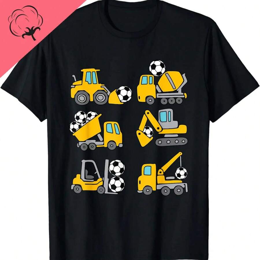 Soccer Ball Kids Football Construction Trucks Toddler Boys T-Shirt Cotton  Kawaii Clothes  Women Clothing Tops  Graphic T Shirts - 黑色 - 查看 1