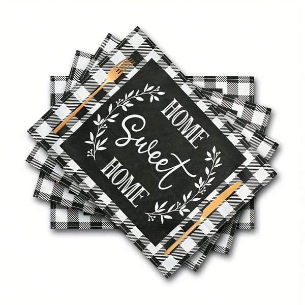 4pcs Black & White Plaid Letter Placemats, Washable, Suitable For Holiday Parties, Home Decor, Kitchen Tables, Rectangular Dining Room, Make Your Dining Room & Kitchen More Beautiful, Great Birthday Or Housewarming Gift For Family And Friends