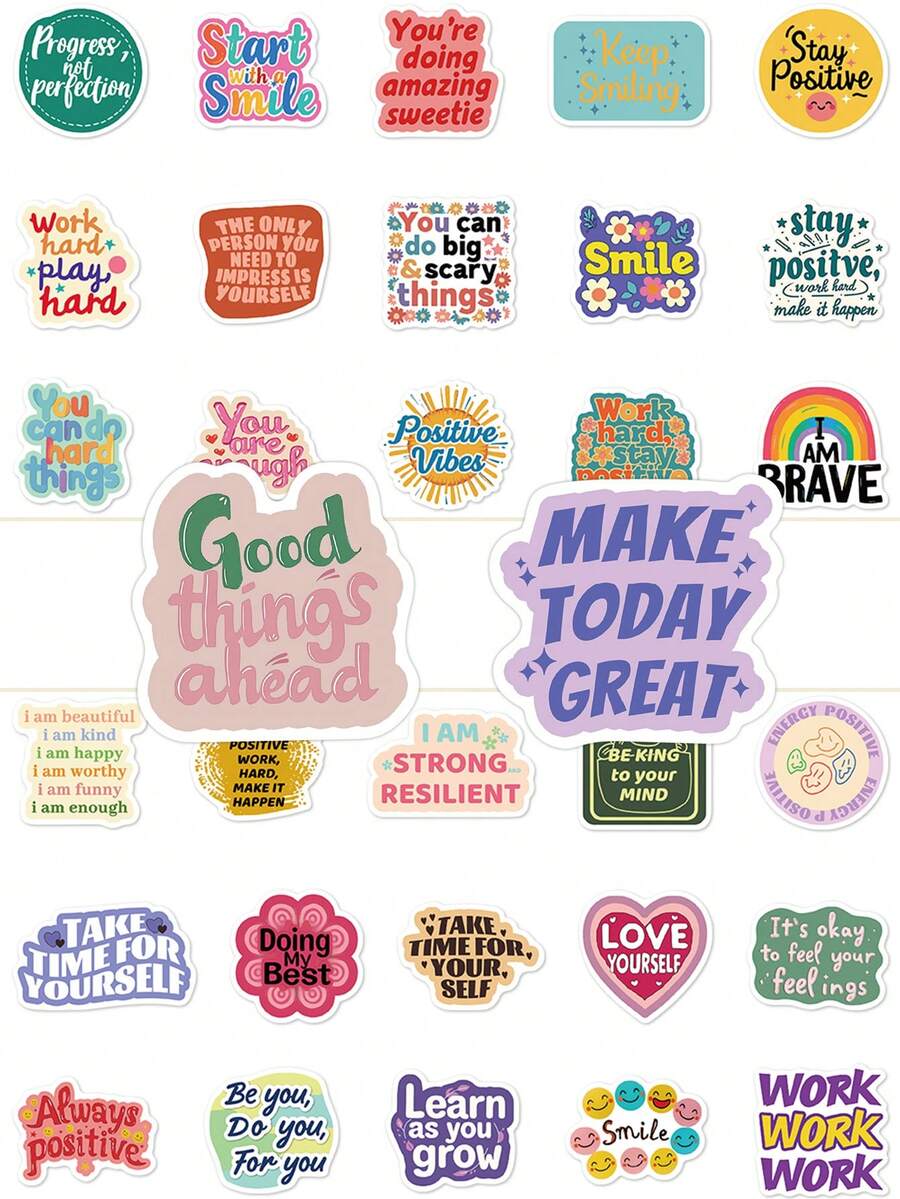 50pcs Positive Affirmation Stickers Inspirational English Aesthetic For Journal, Phone Case, Tablet, Water Bottle, Desk, Luggage, Waterproof Decals - Multicolor - View 1