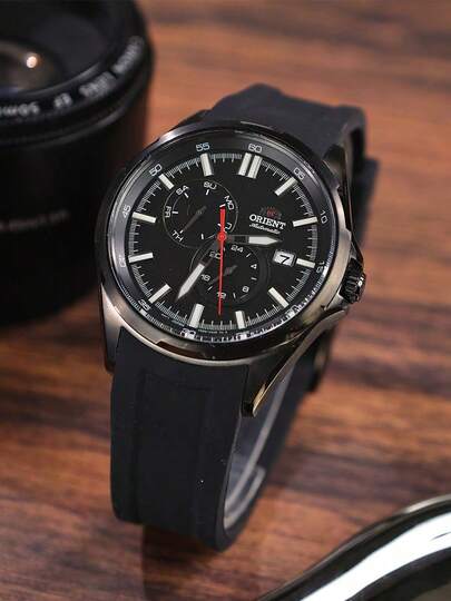 Orient 男士自动机械腕表，现代黑色多功能运动腕表，硅胶表带配红色点缀，商务休闲日常佩戴，街头风格，送朋友的礼物