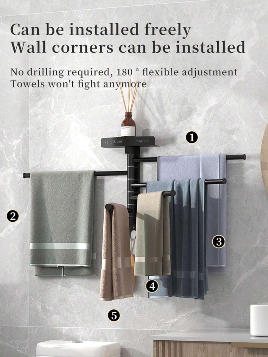 免钻孔壁挂式双层毛巾架 - 重型金属黑色浴室毛巾杆，节省空间的淋浴收纳架，可放置毛巾、浴袍和拖鞋（安装简便，现代设计） - A - 查看 1