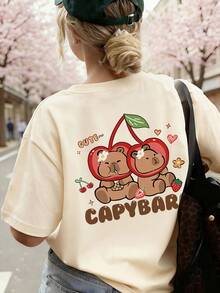 1件少女水豚樱桃卡通印花短袖T恤，甜美草莓圆领宽松休闲上衣，百搭夏季款 - 杏色 - 查看 1