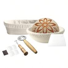 Juego completo de herramientas para hornear pan: Juego de cestas de fermentación de ratán natural de gran capacidad (redonda/ovalada), Lame de pan, Raspador de masa y Forro de lino - Adecuado para panaderos domésticos y profesionales, incluye paño de fermentación de masa madre, pan bohemio, kit de rebanadora de pan de acero inoxidable - - - Ver 7