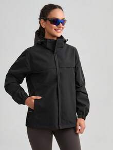 1 buah Jaket Windbreaker Colorblock, Mantel Olahraga Luar Ruangan Ringan Tahan Air Berkerudung untuk Wanita Musim Semi/Musim Gugur Warna Hitam - Hitam - View 5