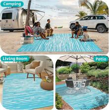 Pauwer Outdoor Rug Waterproof For Patios, Reversible Plastic Straw Rug Camping Carpet, Indoor Outdoor Area Rugs Patio Mats For RV,Picnic,Backyard,Deck,Balcony,Porch - Stripe/Teal - View 8