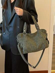 Retro Minimalist Large Capacity Fashion Student/Work Commute Tote Bag - Green - View 7