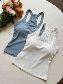 2件套女士夏季吊带背心，修身纯色基础款吊带背心，带胸垫 - 彩色 - 查看 4