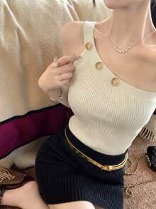 New Knitted Camisole Top, Asymmetrical Fitted Sexy Spaghetti Strap Blouse, Spring/Summer - Apricot - View 2