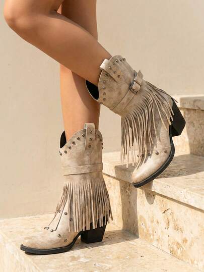 planare 秋冬季做旧卡其色流苏铆钉西部靴，粗跟尖头牛仔靴，复古风格，适合音乐节/街头时尚，显瘦效果