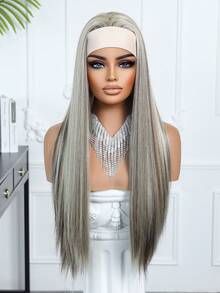 棕色挑染发箍假发，26英寸，耐热合成发箍假发，女士假发，适合各种节日和日常佩戴，是完美的节日礼物。 - 淺灰色 - 查看 4