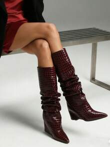 Winter Boots Women Slouched Ruched Fold Over Boots Covered Wedge Block Heel Knee High Punk Gothic Fashion Luxury Shark Shoes For Woman - hạt đá đỏ - Xem 4