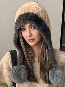 1pc Oversized Plush Pom Pom Earflap Hat, Cute & Warm Winter Hat Women, Thick Knitted Beanie With, Suitable Autumn/Winter - Multicolor - View 3