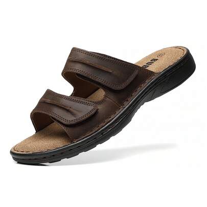  BUBUK New Men's Genuine Leather Outdoor Sandals, Top Layer Cowhide Beach Shoes, Non-Slip Polyurethane Sole, Breathable Lightweight, Summer Hiking Fishing Casual Shoes With Arch Support, Slip-On