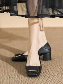 Women's Square Toe Block Heel Slip-On Pumps, Comfortable High Heel Retro Elegant Loafers, Black High Heels - Black - View 4