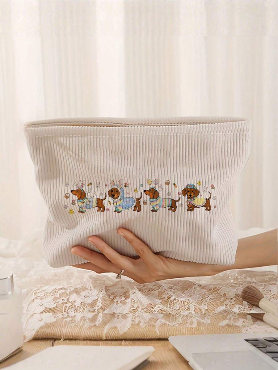 可爱复活节兔子和腊肠犬印花化妆包 - 大容量拉链旅行化妆品收纳包，布艺便携日常旅行化妆包，男女皆宜，适合复活节、圣诞节、情人节、新年、生日、感恩节等节日，也是送给爱狗人士的礼物。这款化妆包是复活节必备的化妆品收纳包、洗漱包、化妆包、洗漱旅行包、度假必备品，也是送给女性的旅行礼物。 - 彩色 - 查看 1