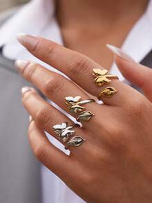 Set de 3 piezas/1 pieza de anillos de acero inoxidable con estilo - Anillo minimalista abierto de 304, accesorio exquisito inspirado en la naturaleza, adecuado para uso diario, fiestas, bodas, regalos de cumpleaños - Multicolor - Ver 2