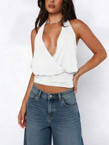 Womens Y2k Solid Color Loose Fit Crop Top Stylish Sleeveless Halter Neck Open Back Tank Vest Fashionable Going Out Cami Top For Summer Party Dailywear - trắng - Xem 3