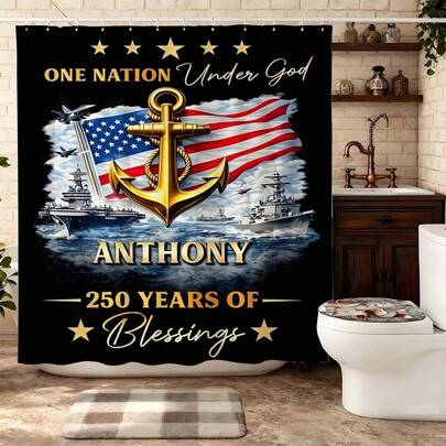 Navy Anchor 250 Years Of Blessings Shower Curtain 180x180cm Polyester Waterproof Mildewproof Thickened Washable Patriotic Style Bathroom Partition Curtain With Aircraft Carrier Print For Military Tribute Home Apartment Dorm Hotel Bath Decor Essential Personalized Bath Accessory