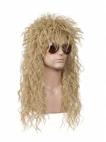 Men And Women Long Curly Brown Gradient White Wig 70s 80s Rocker Mullet Party Funny Wig Costume Wig - Khaki - View 3