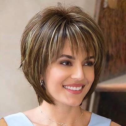 优雅 P4/27 高光直发精灵短发真人发假发，时尚女士层次感直发造型，巴西原生发，无胶假发，完美适用于日常佩戴、派对、母亲节和节日庆典。