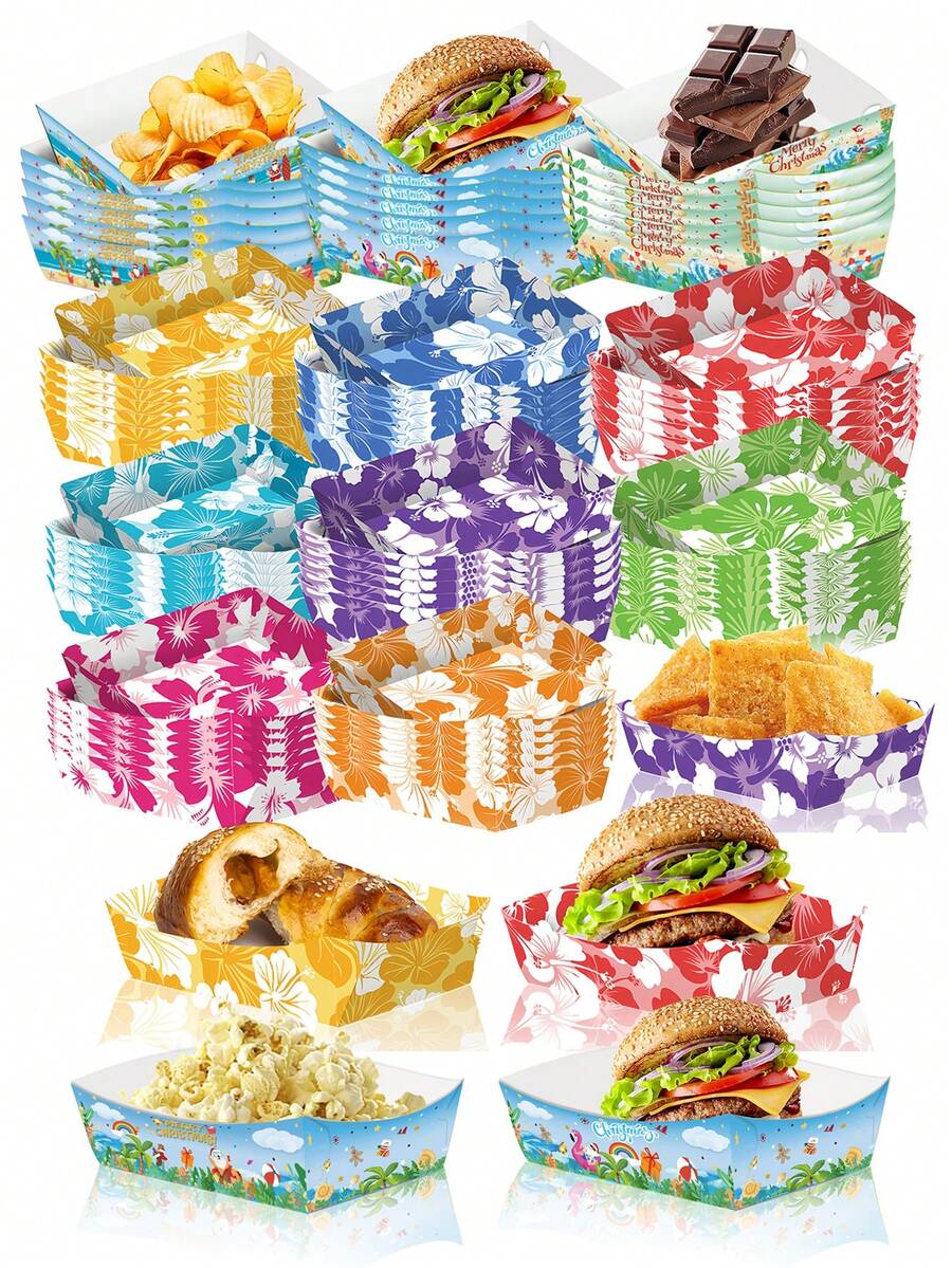 Hawaiian Hibiscus Paper Plates, Disposable Luau Party Food Trays Suitable For Tropical Party, Summer, Hawaii, Ocean Theme, Birthday, Wedding