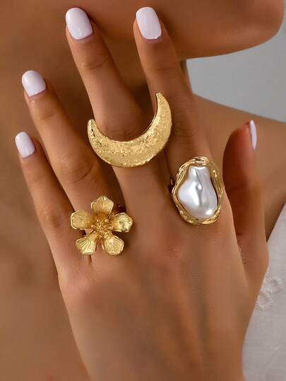 3 قطع مجموعة من خواتم الهلال المعدنية الأنيقة والزهور الربيعية المزيفة المرصعة باللؤلؤ، بطراز شرقي أنيق، مناسبة للشاطئ والحفلات وعيد الفطر وعيد الأضحى