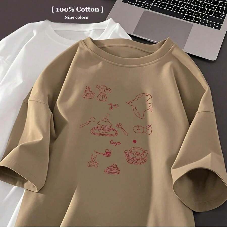 Tshirt Feminina Estilosa Estampada Cotidiano Lançamento Camiseta 100% Algodão Camisetão Solta Oversized Plus Size Camiseta - Estampae - Bege - Visão 1