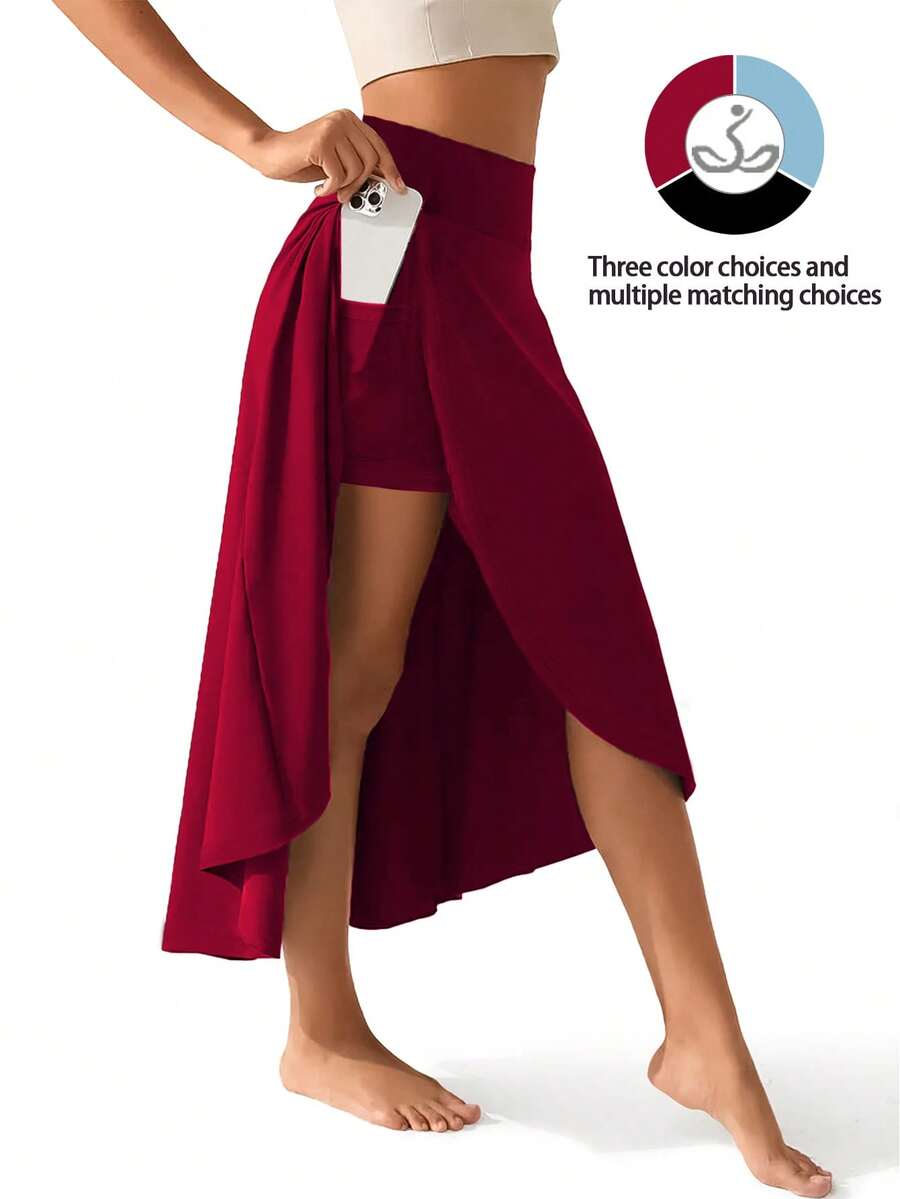 High Waist Maxi Skirt With Slit Ruffle Wrap Skirt Flowy Skirts For Women Long Skirts With Shorts Underneath - 酒紅色 - 查看 1