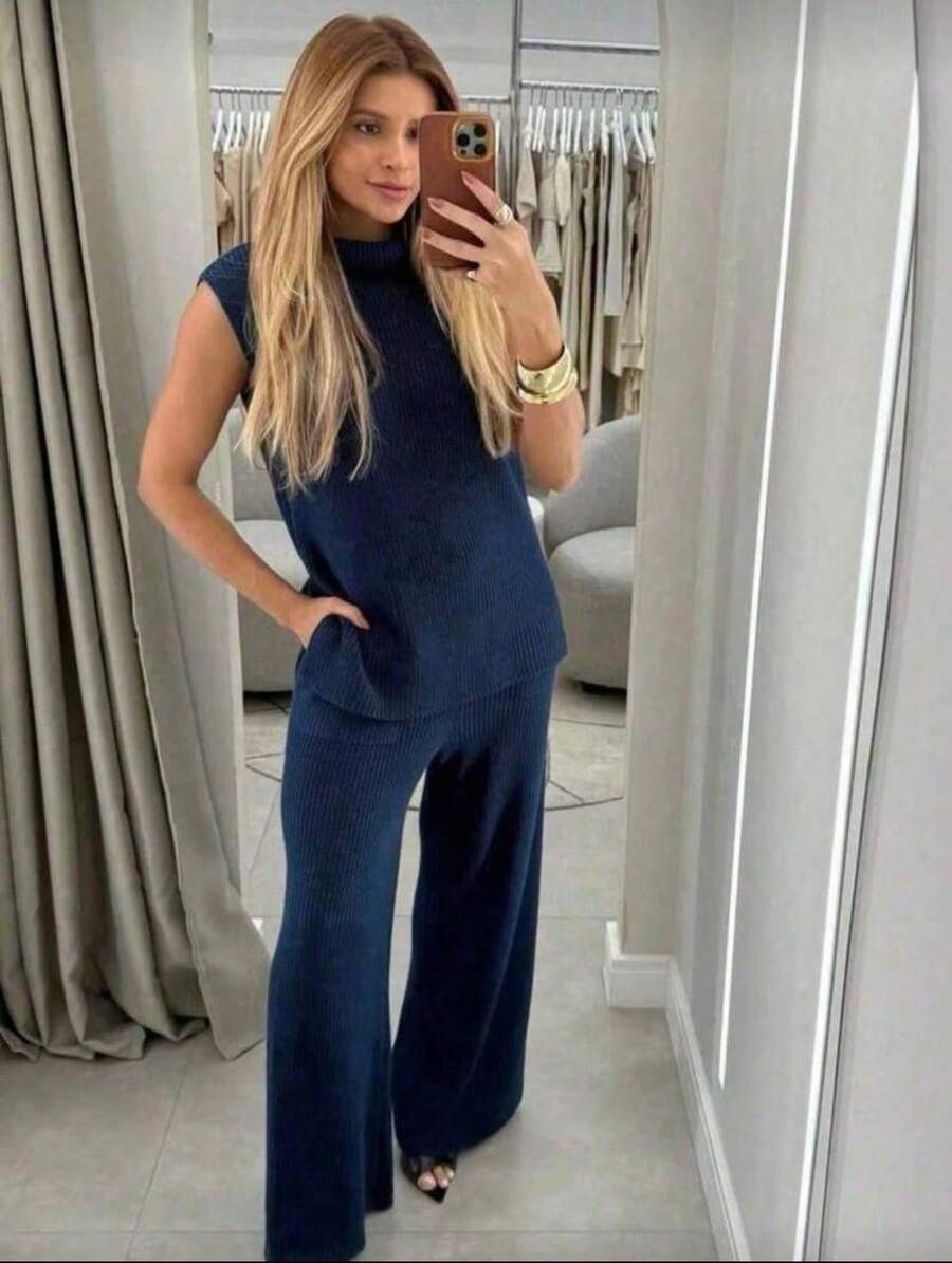 Women's Maxi Knit Set: Vest, Tank Top, Wide-Leg Pants With Pockets, Autumn/Winter Fashion, Stylish, Cold Weather, Comfortable Knitwear, Pockets, None, Winter Set - Màu xanh hải quân - Xem 1