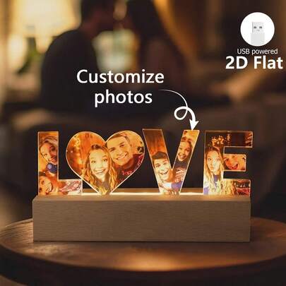 1pc Customized Couple Photo LED Night Light, Personalized Anniversary Gift, Wooden Base, USB Powered, 2D Flat, Customized Bedroom & Home Decor, Anniversary, Wedding, Birthday, Easter, Proposal Gift, Personalized Present