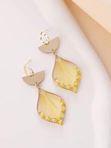 1 Pair Handmade Yellow Beaded Tassel Pendant Earrings, Metal Texture Versatile Women's Yellow Vacation/Party Earrings, Suitable As Gift - Gold - View 7