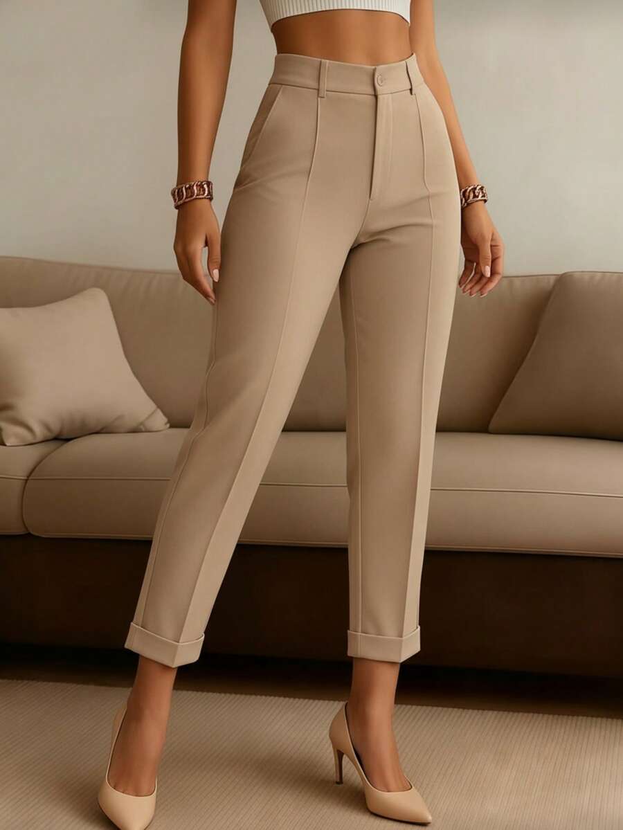 Los pantalones de traje recortados de talle alto de albaricoque y los pantalones ajustados para el trabajo diario son versátiles para salidas diarias - Albaricoque - Ver 1