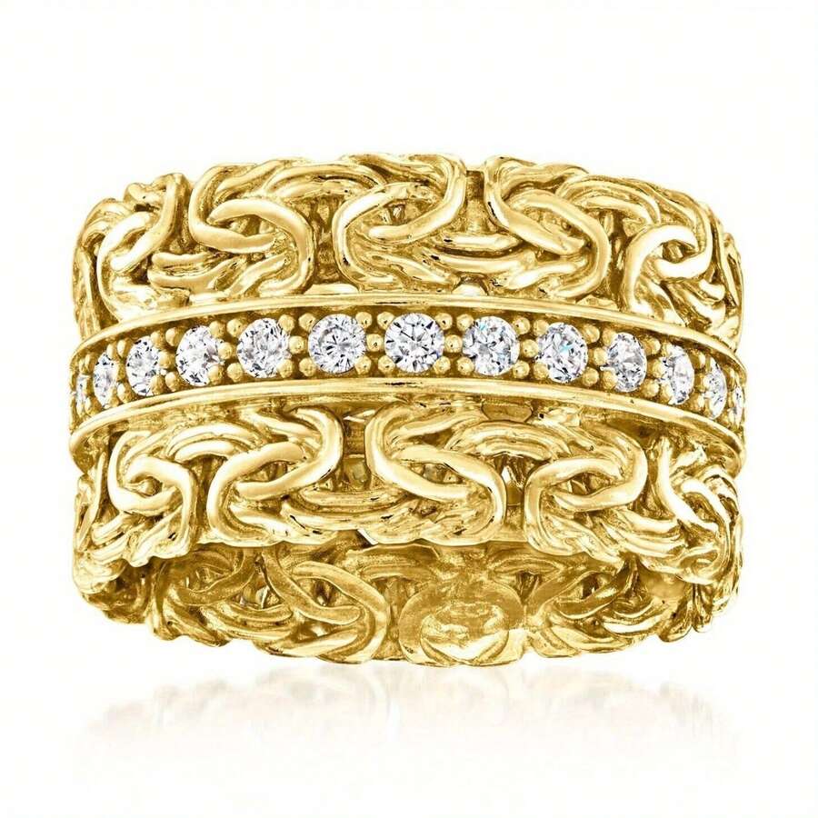 Nhẫn đồng bản rộng sang trọng, đính đá Cubic Zirconia trắng tổng hợp, thích hợp cho nữ giới đeo trong lễ đính hôn và đám cưới. - Vàng - Xem 1