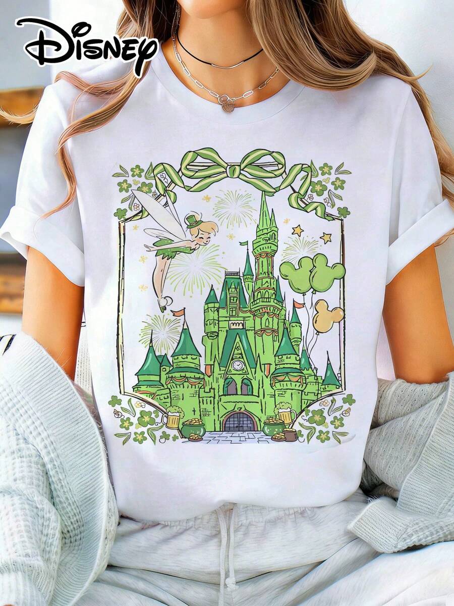 Disney Official Authorization | Women's St. Patrick's Day-Themed Short-Sleeve T-Shirt, Featuring A Dreamy Print Of Tinker Bell And A Green Castle, And Incorporating Lucky Elements Such As Clovers, Pots Of Gold, And Mickey Mouse Balloons To Create A Full Festive Atmosphere. Made Of Opaque Fabric, It Is Machine Washable, Suitable For Park Visits And Daily Casual Wear, Making It An Eye-Catching Piece For Holiday Outfits. - trắng - Xem 1